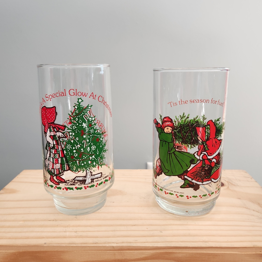 Set of 2 Holly Hobbie Coca Cola Festive Holiday Christmas Glasses Set Vintage